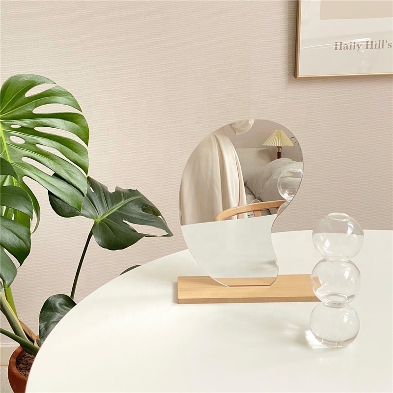 Korean Irregular Shaped Desktop Makeup Mirror With Wooden Base Frameless Mirror Small Mirror with Wooden Stand for Office Table