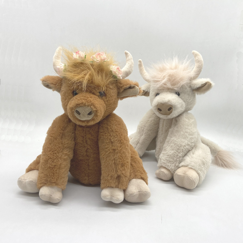 Simulation Scottish Highland Cow Plush Animal Doll Arms Flexible Long-Haired Yak with Music Plush Toy