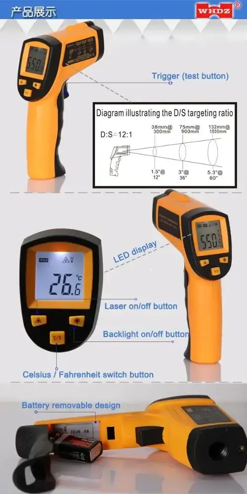 Factory direct sale Infrared Thermometer WH550 Non-contact Industrial