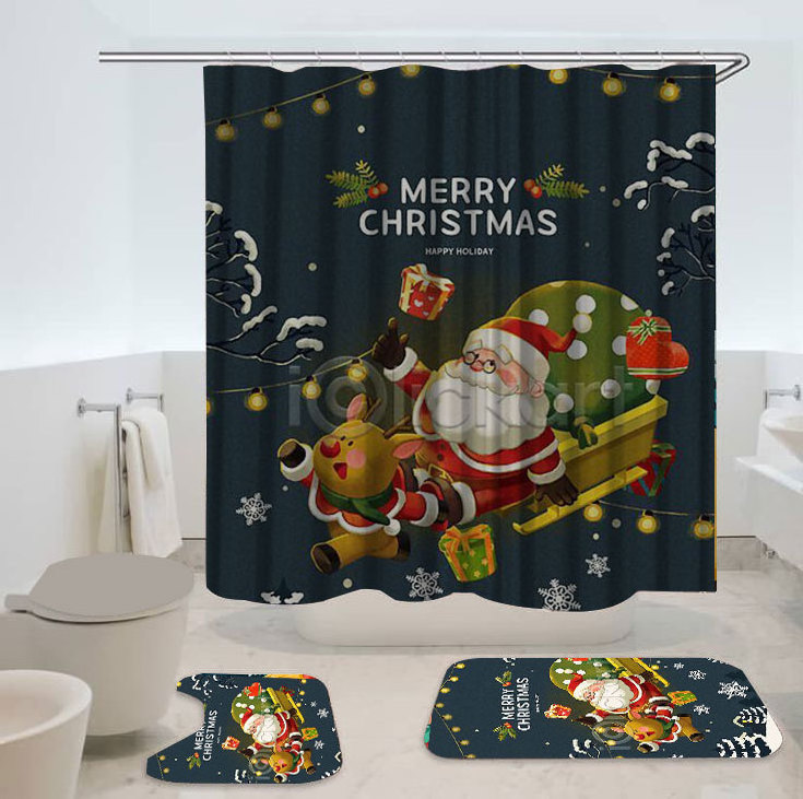 Custom printed Santa Claus bathroom curtains sliding Christmas Shower Curtain Set How