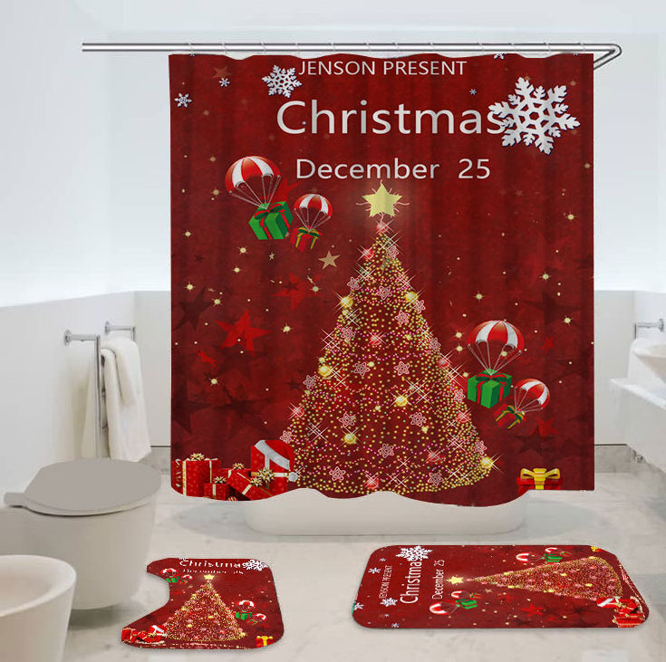 Custom printed Santa Claus bathroom curtains sliding Christmas Shower Curtain Set How