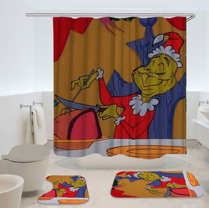 Custom printed Santa Claus bathroom curtains sliding Christmas Shower Curtain Set How