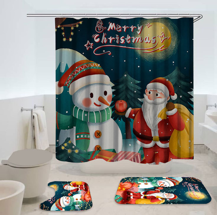 Custom printed Santa Claus bathroom curtains sliding Christmas Shower Curtain Set How