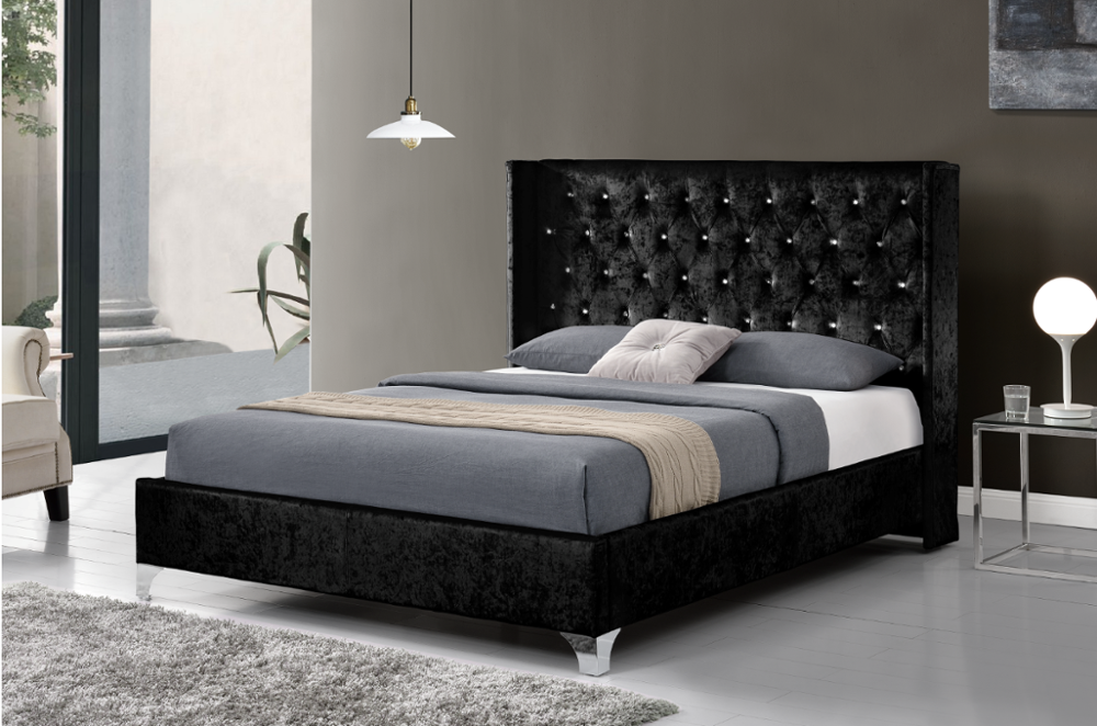 Latest modern double king size crushed velvet  fabric upholstered  platform  bed with diamond buttons and wing headboard