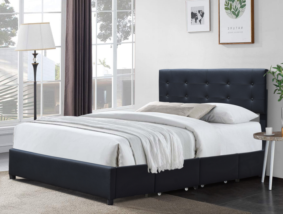 China Manufacturer Queen Size Black Faux Leather Upholstered Storage Bed Frame With Four Drawers