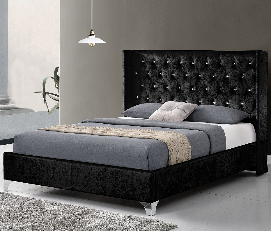 Latest modern double king size crushed velvet  fabric upholstered  platform  bed with diamond buttons and wing headboard