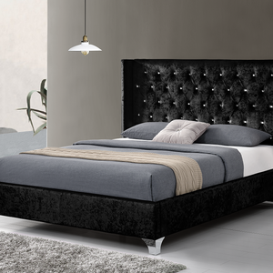 Latest modern double king size crushed velvet  fabric upholstered  platform  bed with diamond buttons and wing headboard