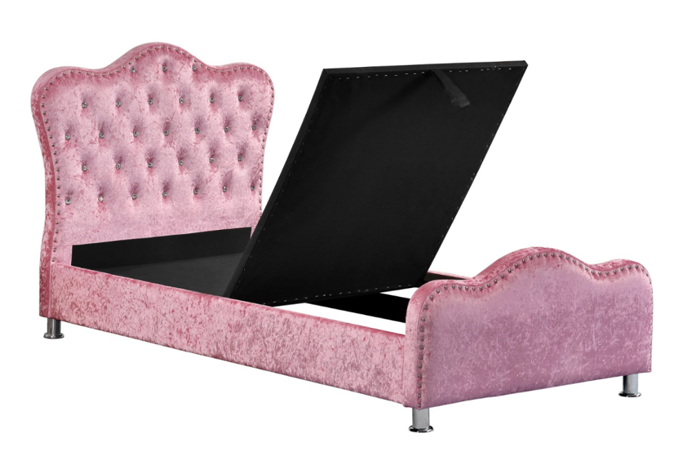 factory wholesale customized single size pink crushed velvet fabric upholstered soft platform princess bed with diamond buttons