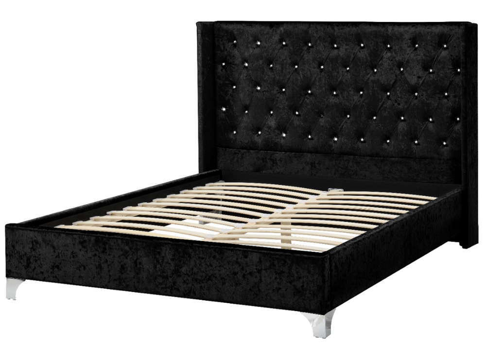 Latest modern double king size crushed velvet  fabric upholstered  platform  bed with diamond buttons and wing headboard