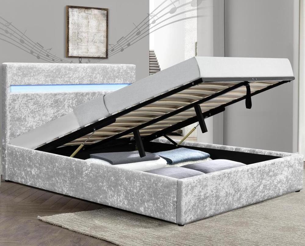 Modern Upholstered Grey Crushed Velvet Gas Lift Storage Bed with LED Light for Wholesale