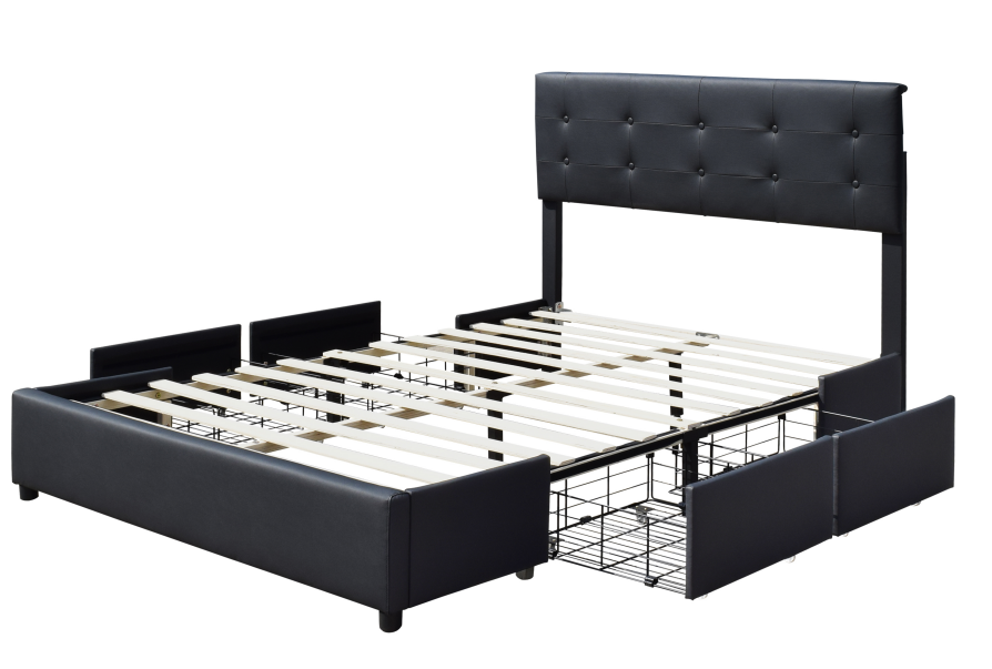 China Manufacturer Queen Size Black Faux Leather Upholstered Storage Bed Frame With Four Drawers