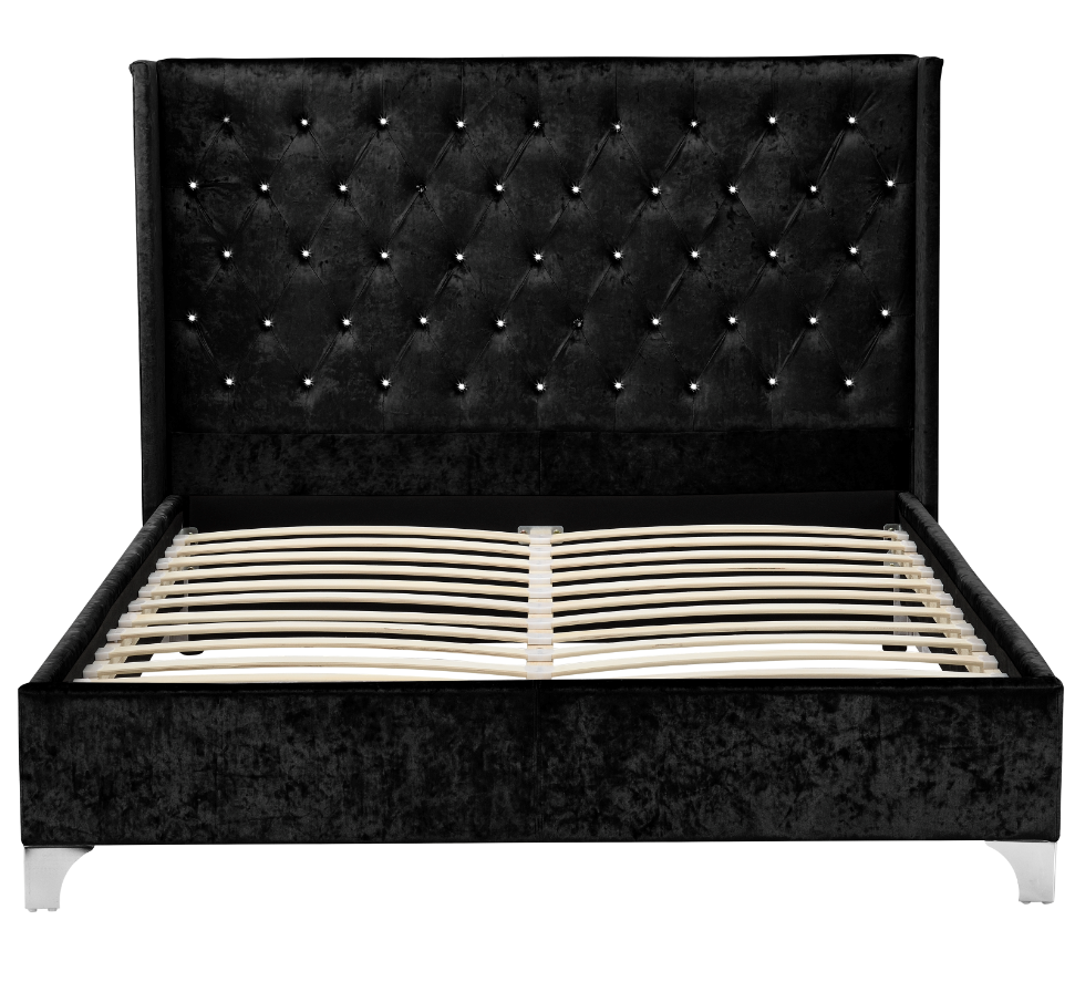 Latest modern double king size crushed velvet  fabric upholstered  platform  bed with diamond buttons and wing headboard