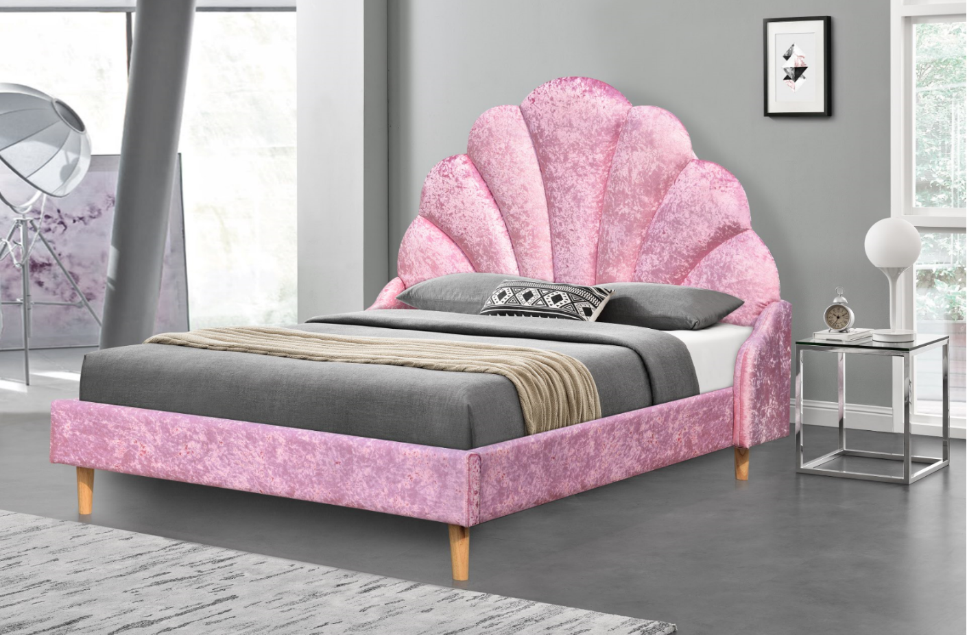 China Manufactory queen size crush velvet fabric bed frame with headboard