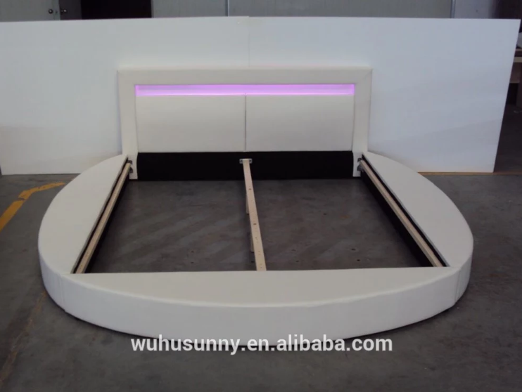 Factory Wholesale Modern Customized King Size White Upholstered Platform Round Bed with LED light on Headboard