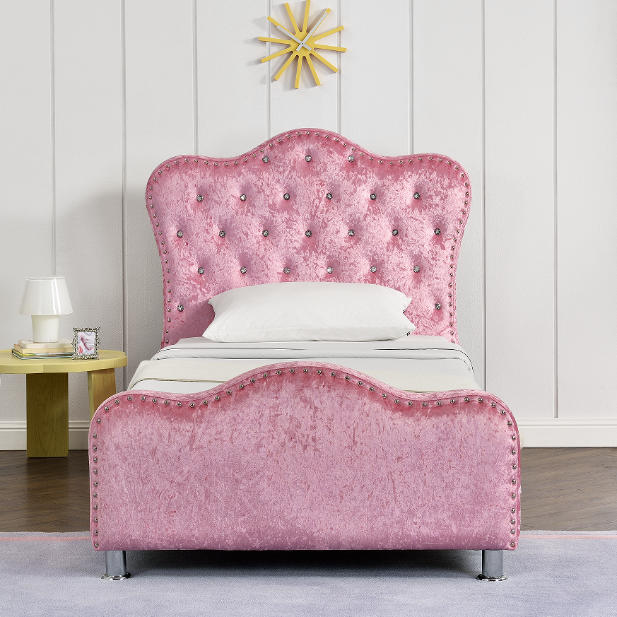 factory wholesale customized single size pink crushed velvet fabric upholstered soft platform princess bed with diamond buttons