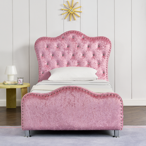 factory wholesale customized single size pink crushed velvet fabric upholstered soft platform princess bed with diamond buttons