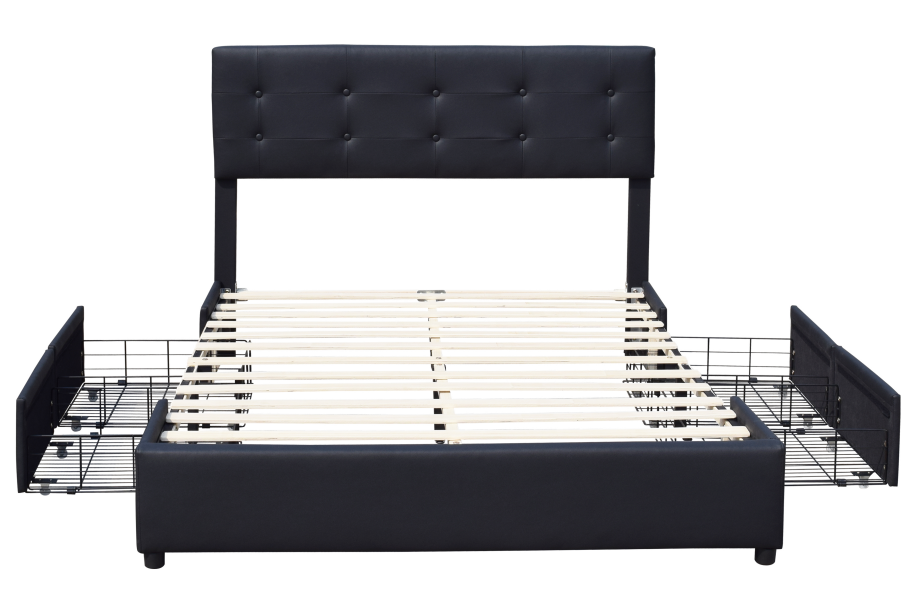 China Manufacturer Queen Size Black Faux Leather Upholstered Storage Bed Frame With Four Drawers