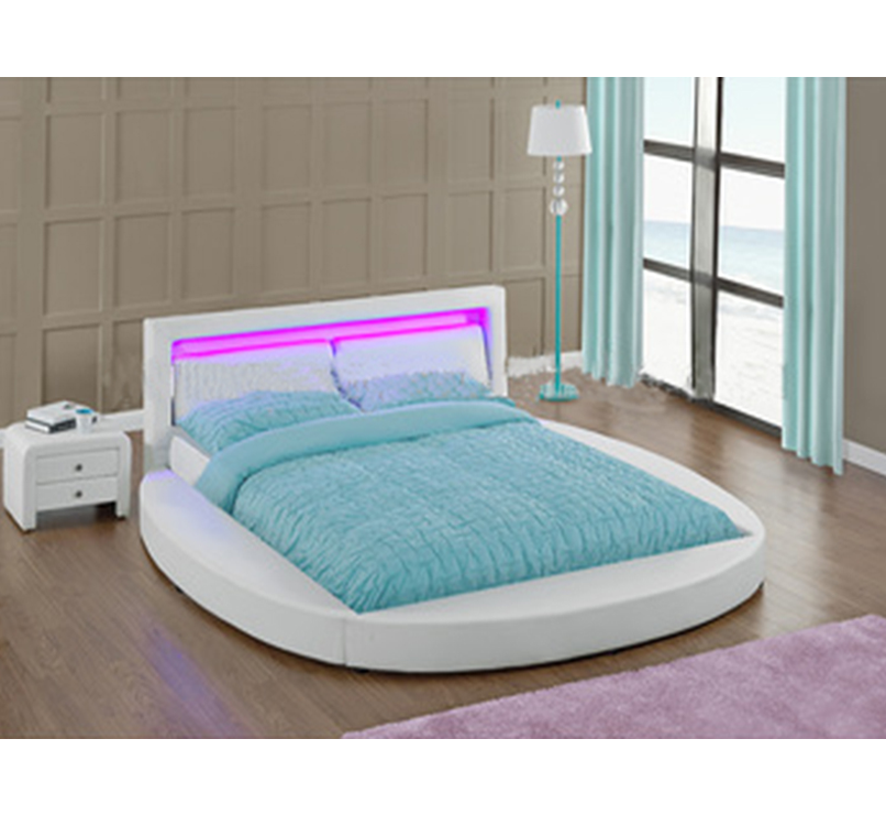 Factory Wholesale Modern Customized King Size White Upholstered Platform Round Bed with LED light on Headboard