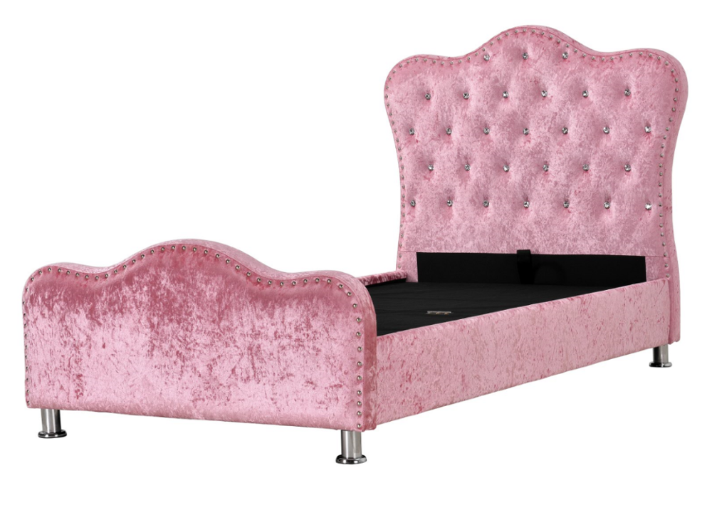 factory wholesale customized single size pink crushed velvet fabric upholstered soft platform princess bed with diamond buttons