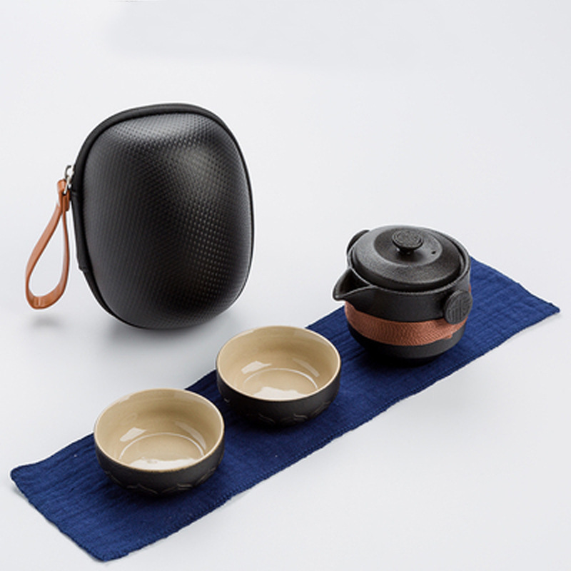 Black pottery quick cup one pot two cups portable outdoor travel home office tea set