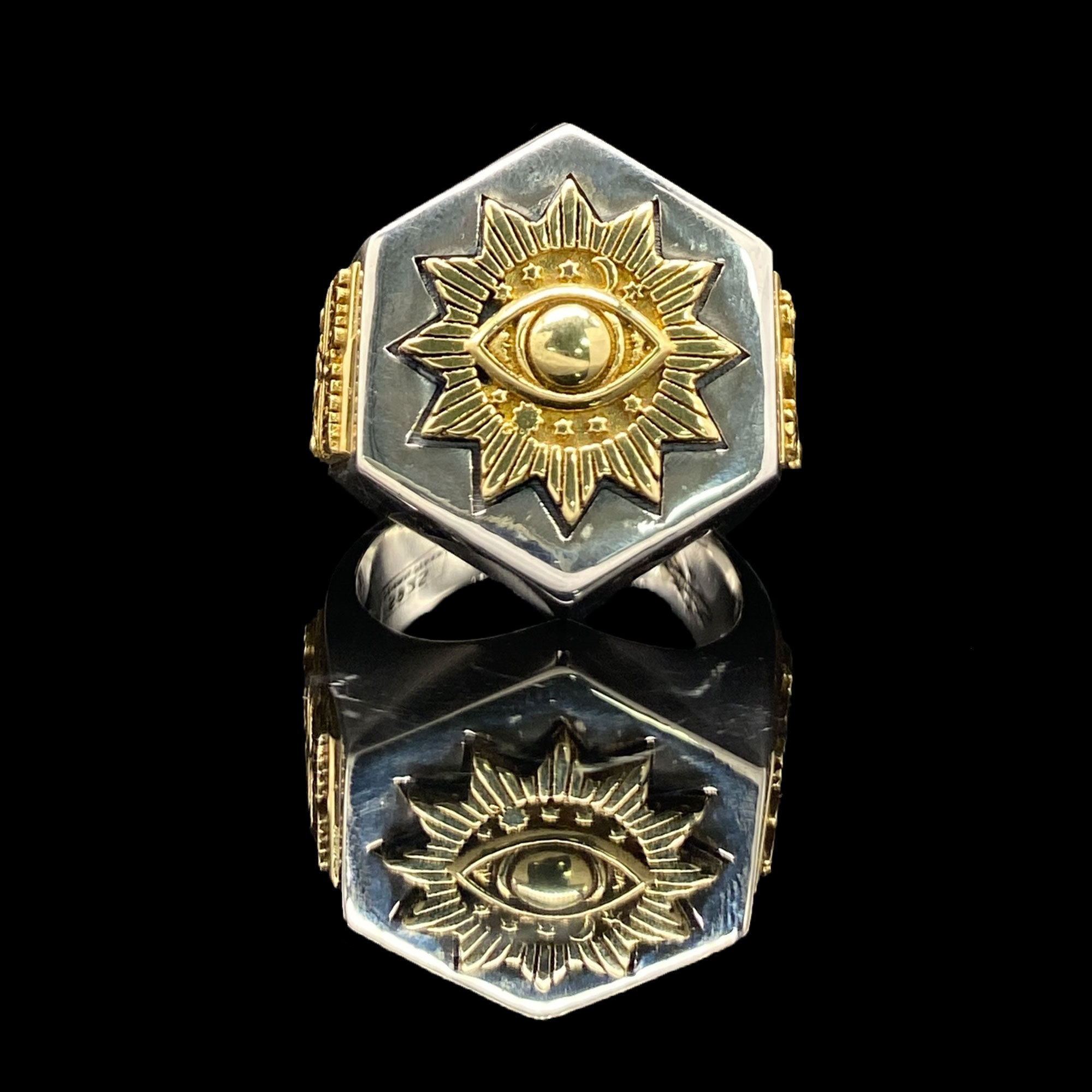 925 Sterling Silver Devil Eyes Hexagon Masonic Ring For Men Totem Jewelry Hiphop Street culture Ring