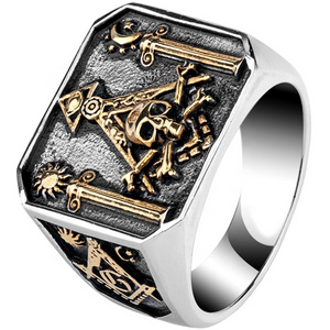 Pop Street Culture Gothic Jewelry Masonic Skull Design Stainless Steel Rings Omniscient Eyes and Masonic Totem Men's Ring