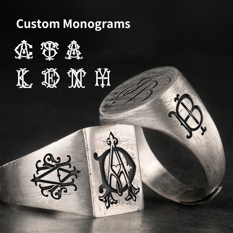 Custom Vintage Monogram Signet Letter Ring Customized Fashion Jewelry Personalised Sterling Silver Silver 925 Men's Rings