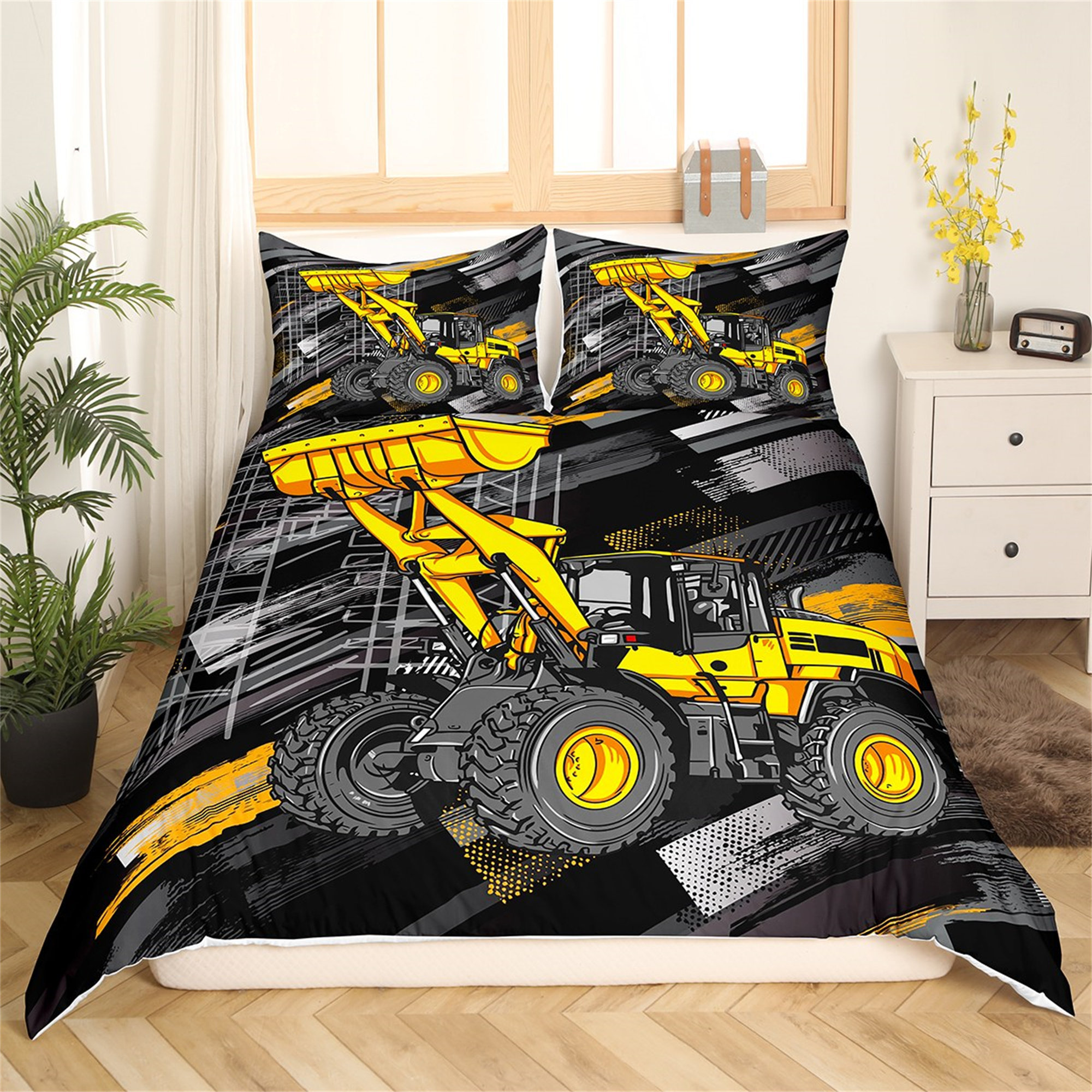 Yellow Excavator Cartoon Truck Tyre Printed High Quality Comforter Sets King Size Luxury Bedding Set