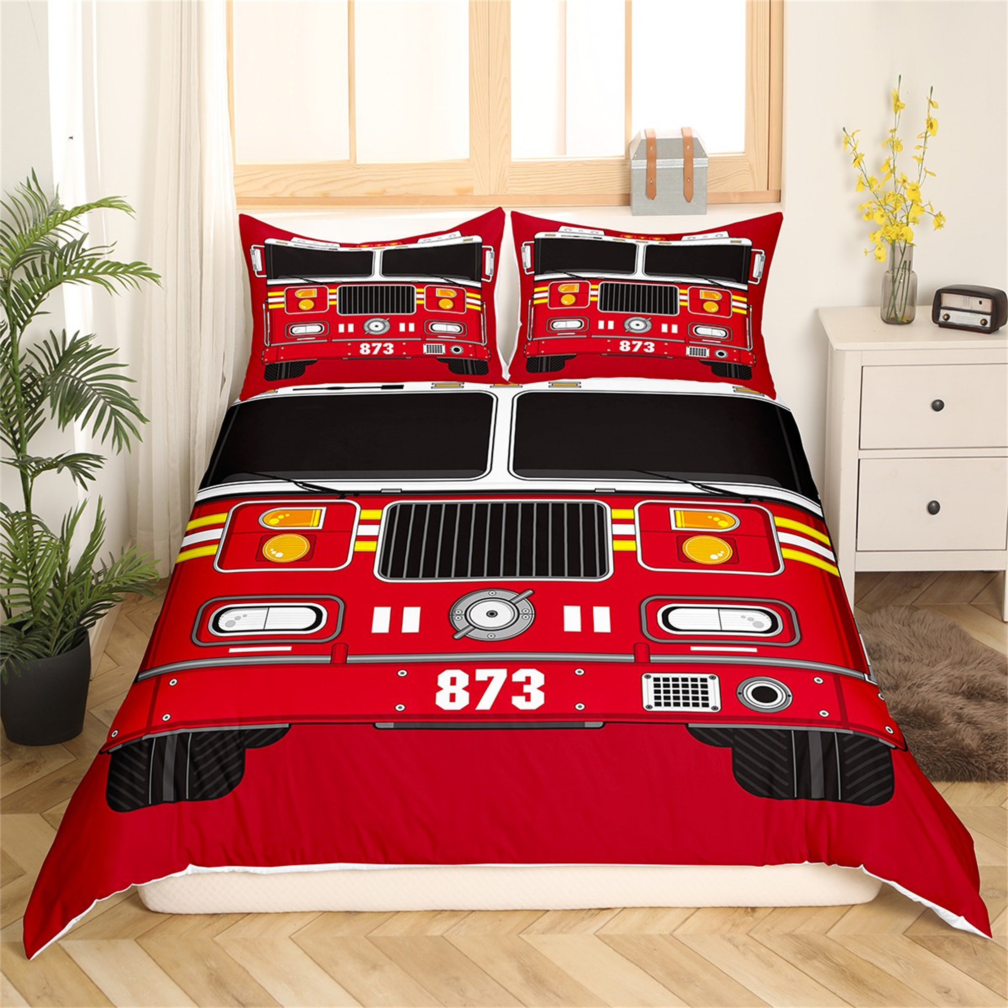 Yellow Excavator Cartoon Truck Tyre Printed High Quality Comforter Sets King Size Luxury Bedding Set