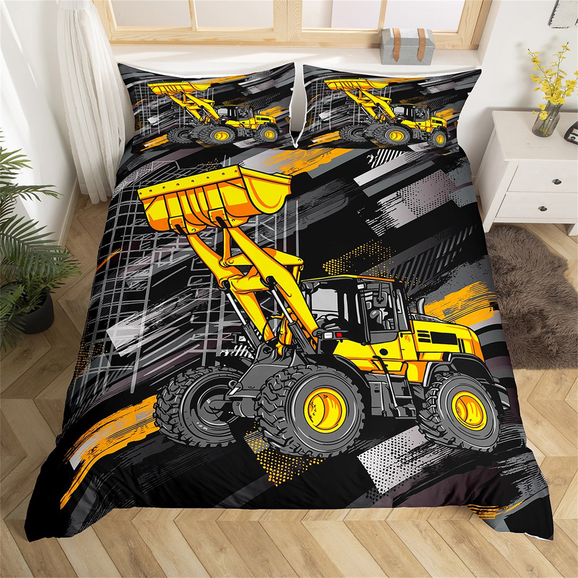 Yellow Excavator Cartoon Truck Tyre Printed High Quality Comforter Sets King Size Luxury Bedding Set