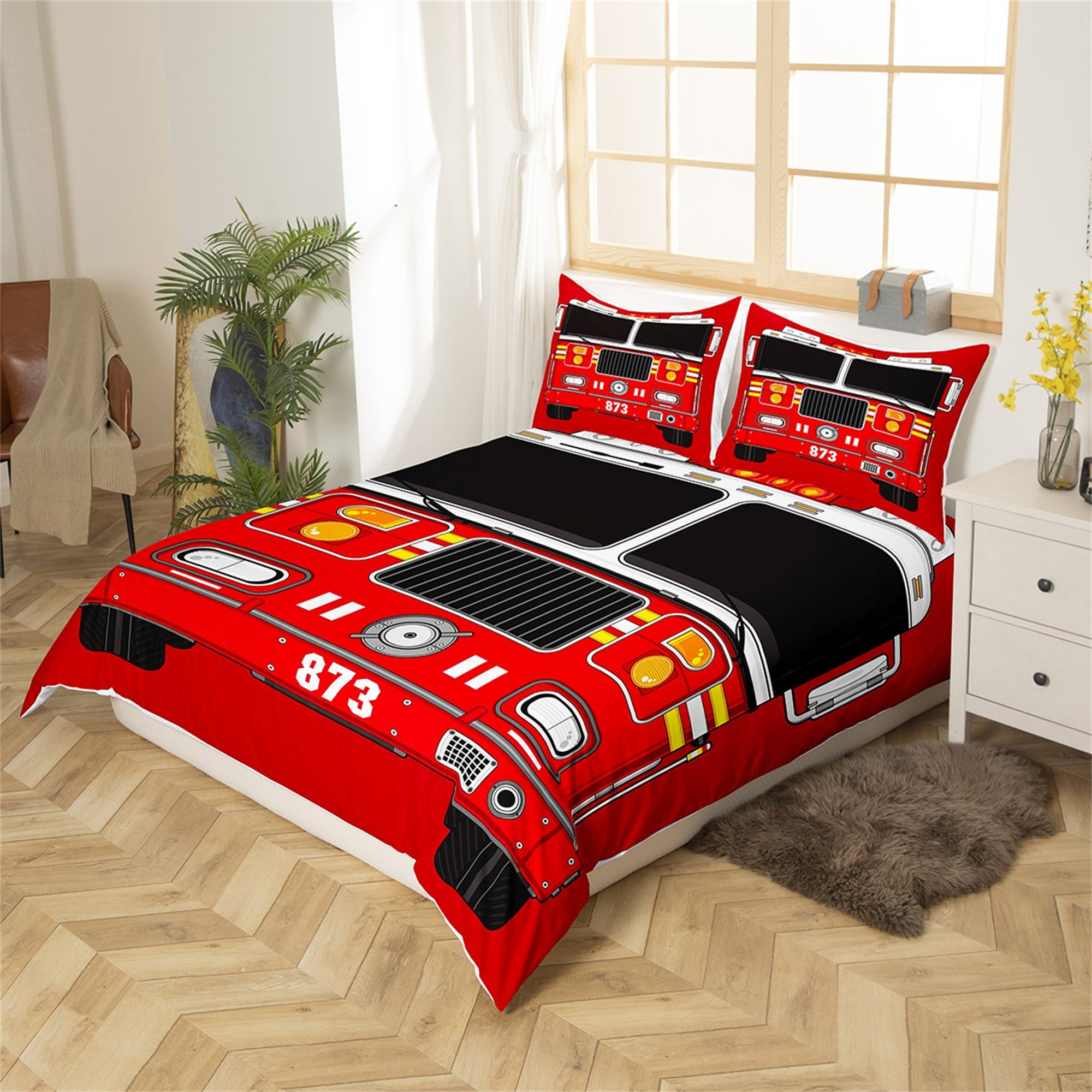 Yellow Excavator Cartoon Truck Tyre Printed High Quality Comforter Sets King Size Luxury Bedding Set