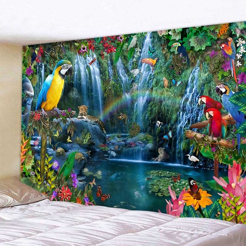 Jungle Bird Art Tapestry Psychedelic Scene Home Decor Art Wall Hanging Yoga Mat Hippie Boho Aesthetic Room Decor Home Wall Decor