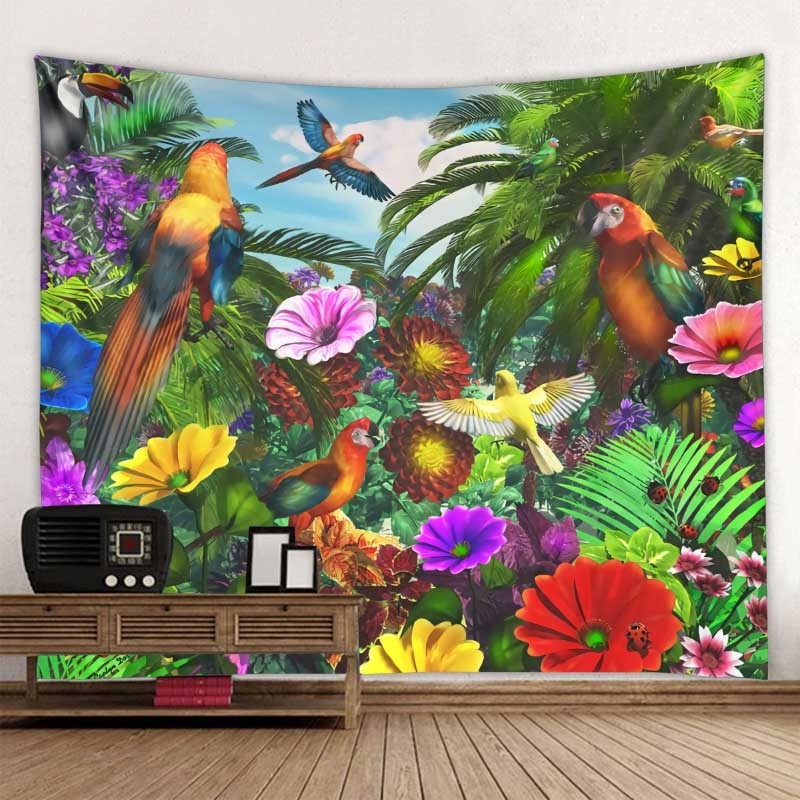 Jungle Bird Art Tapestry Psychedelic Scene Home Decor Art Wall Hanging Yoga Mat Hippie Boho Aesthetic Room Decor Home Wall Decor