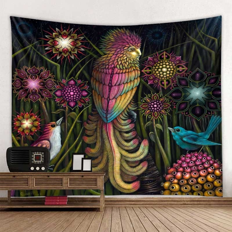 Jungle Bird Art Tapestry Psychedelic Scene Home Decor Art Wall Hanging Yoga Mat Hippie Boho Aesthetic Room Decor Home Wall Decor