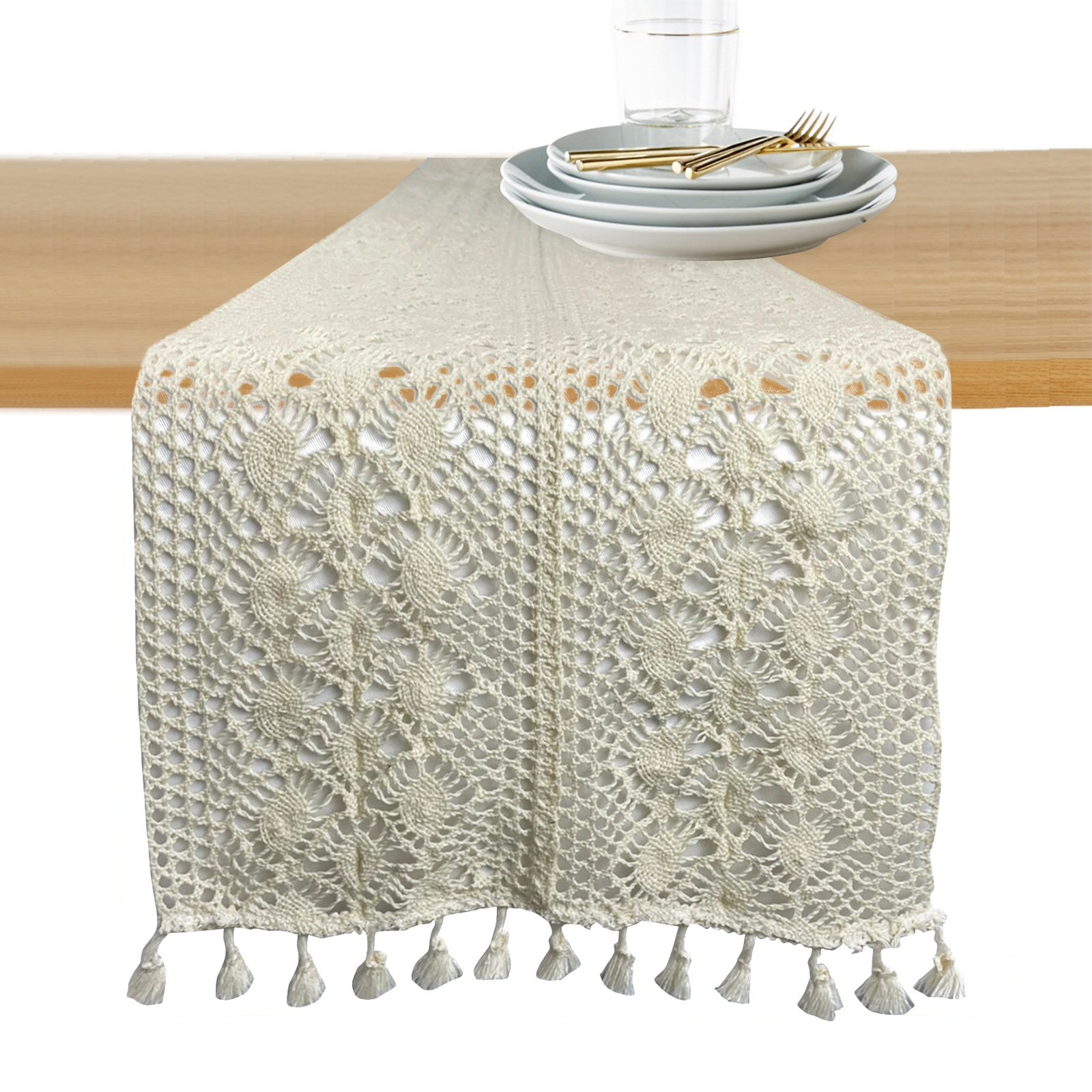 High quality 100% cotton table runner with tassel edge knit hollow table runner