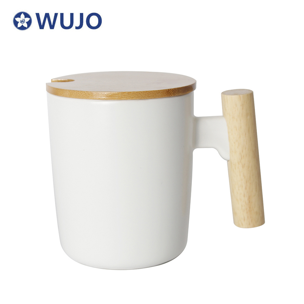 Wholesale Logo Gift Items Wooden Handle Ceramic Coffee Cups Mugs with Color Box Packing Ceramic Mug with Bamboo Lid