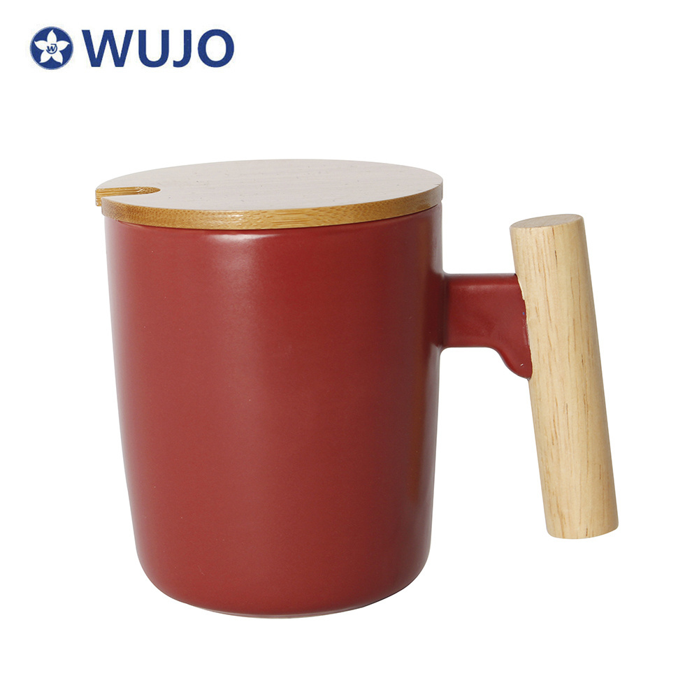 Wholesale Logo Gift Items Wooden Handle Ceramic Coffee Cups Mugs with Color Box Packing Ceramic Mug with Bamboo Lid