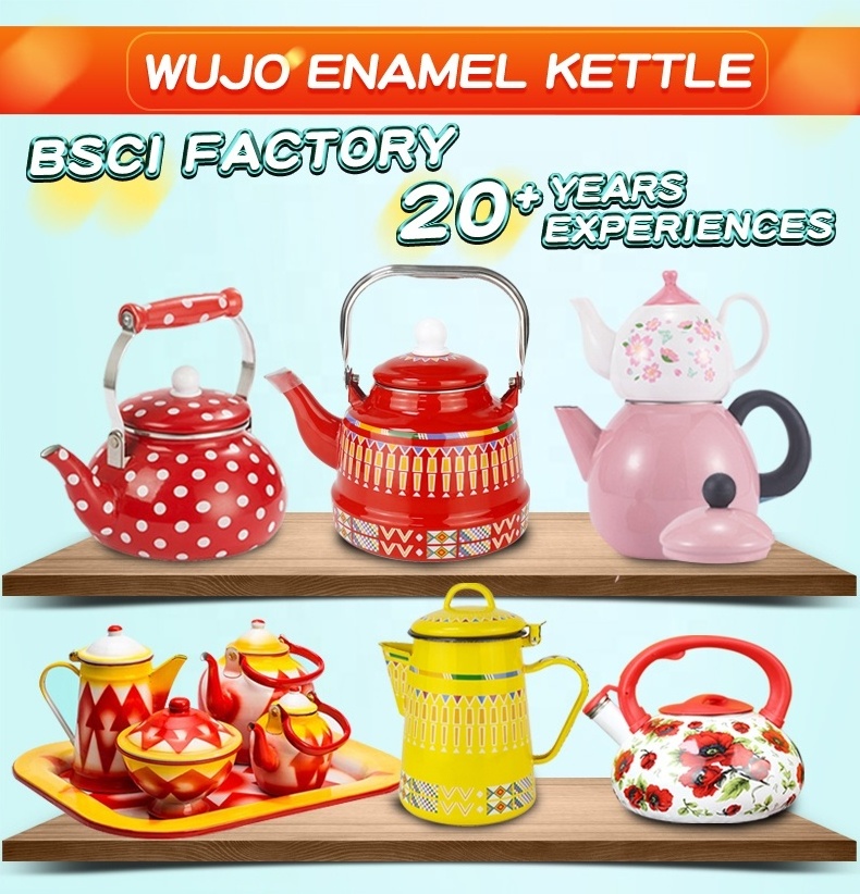 WUJO Enamelware Manufacturer Open Fire Stove Enamel Cups Teapot Kettle with Wooden Handle for Tea Coffee