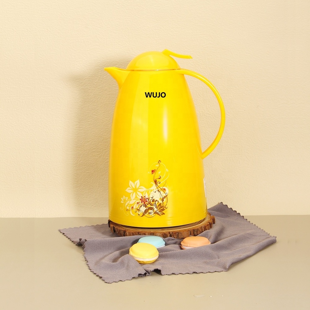 1L Yellow Press Button Glass Liner Hot Tea Water Coffee Tea Water Vacuum Jug Flask