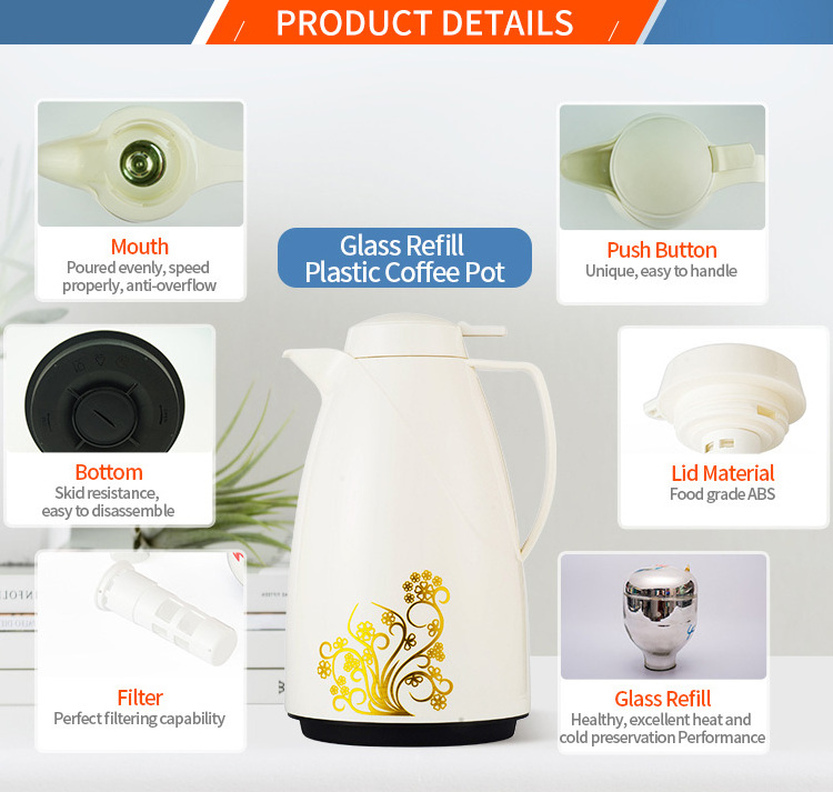 1L Vacuum Insulated yellow Glass Plastic Percolator Thermos Tea Arabic Coffee Pot with Glass Inner