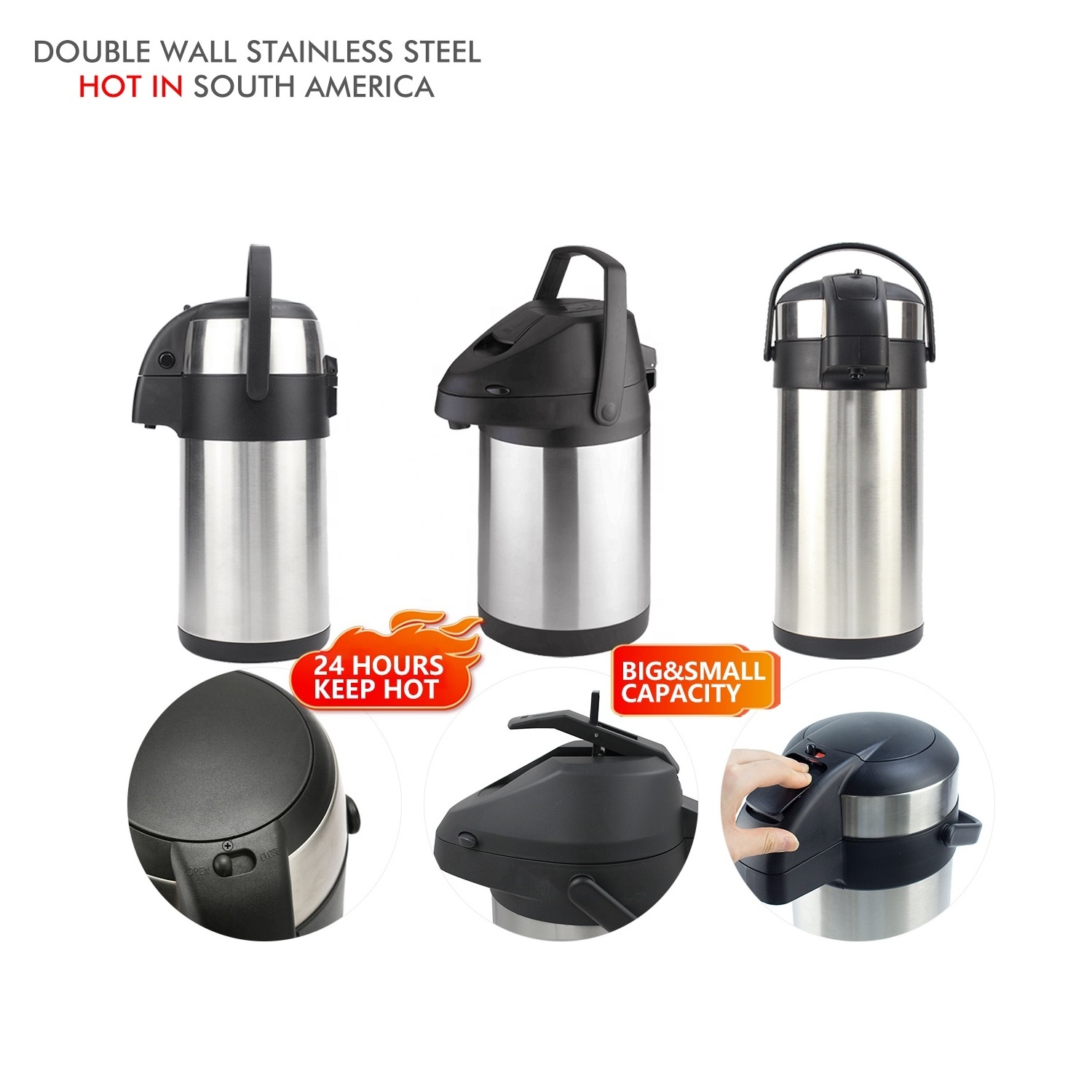 WUJO thermos air pump carafe vacuum flask thermal coffee airpot termos de acero inoxidable