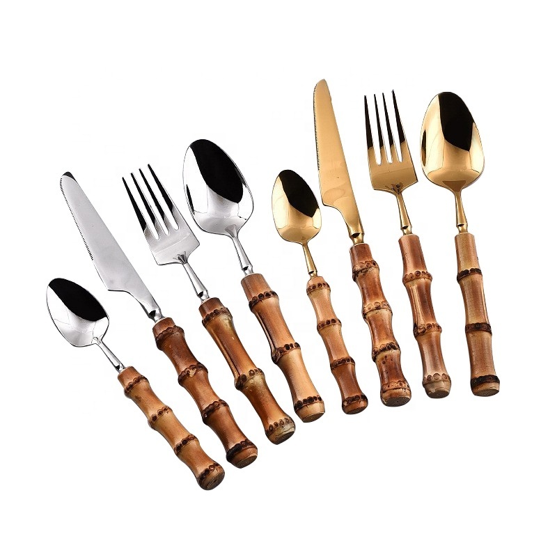 NEW Arrival Bulk 5 pcs Bamboo Shape Stainless Steel Gold Flatware Manufacturer for Wedding Party