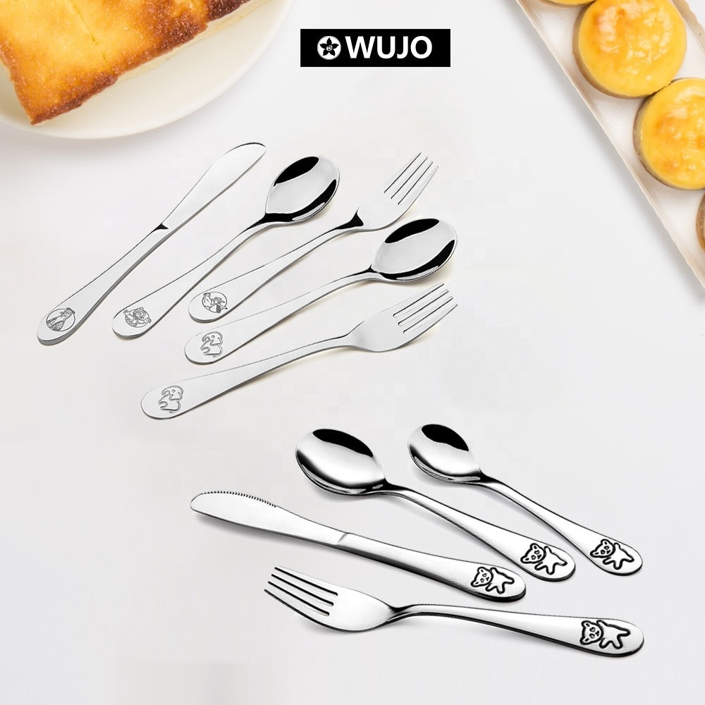 WUJO Food Contact LFGB BSCI 18 / 8 18 / 10 High Quality Cubiertos Flatware Silver Stainless Steel Chilren's Kids Cutlery Set