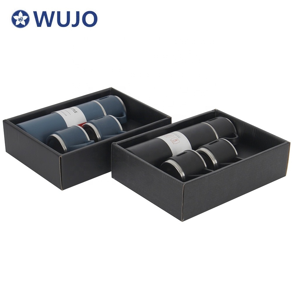 WUJO Manufacturer Custom Logo Double Walled Stainless Steel Insulated Thermos Water Bottle Gift Box Set With 3 Lids For Gift