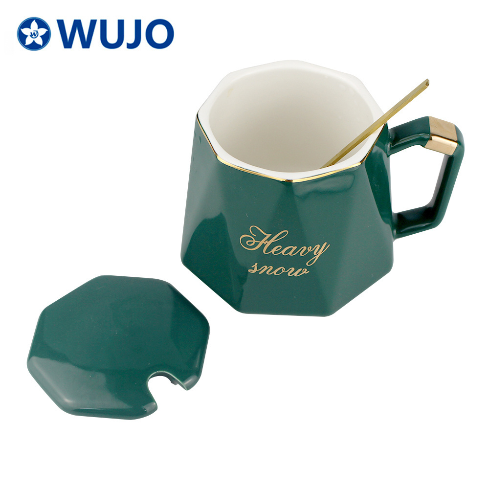 Diamond Shape Gold Ceramic Coffee Cup Mug Emerald Glazed Ceramic Mugs with Spoon and Lid