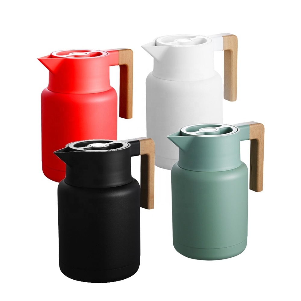 Nordic New Arrival Minimalist Garrafa Free Sample Glass Liner 1L White Insulation Thermos Coffee Pot with Wooden Handle