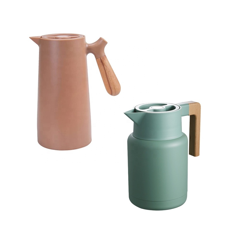 Nordic New Arrival Minimalist Garrafa Free Sample Glass Liner 1L White Insulation Thermos Coffee Pot with Wooden Handle