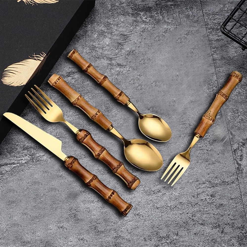 NEW Arrival Bulk 5 pcs Bamboo Shape Stainless Steel Gold Flatware Manufacturer for Wedding Party