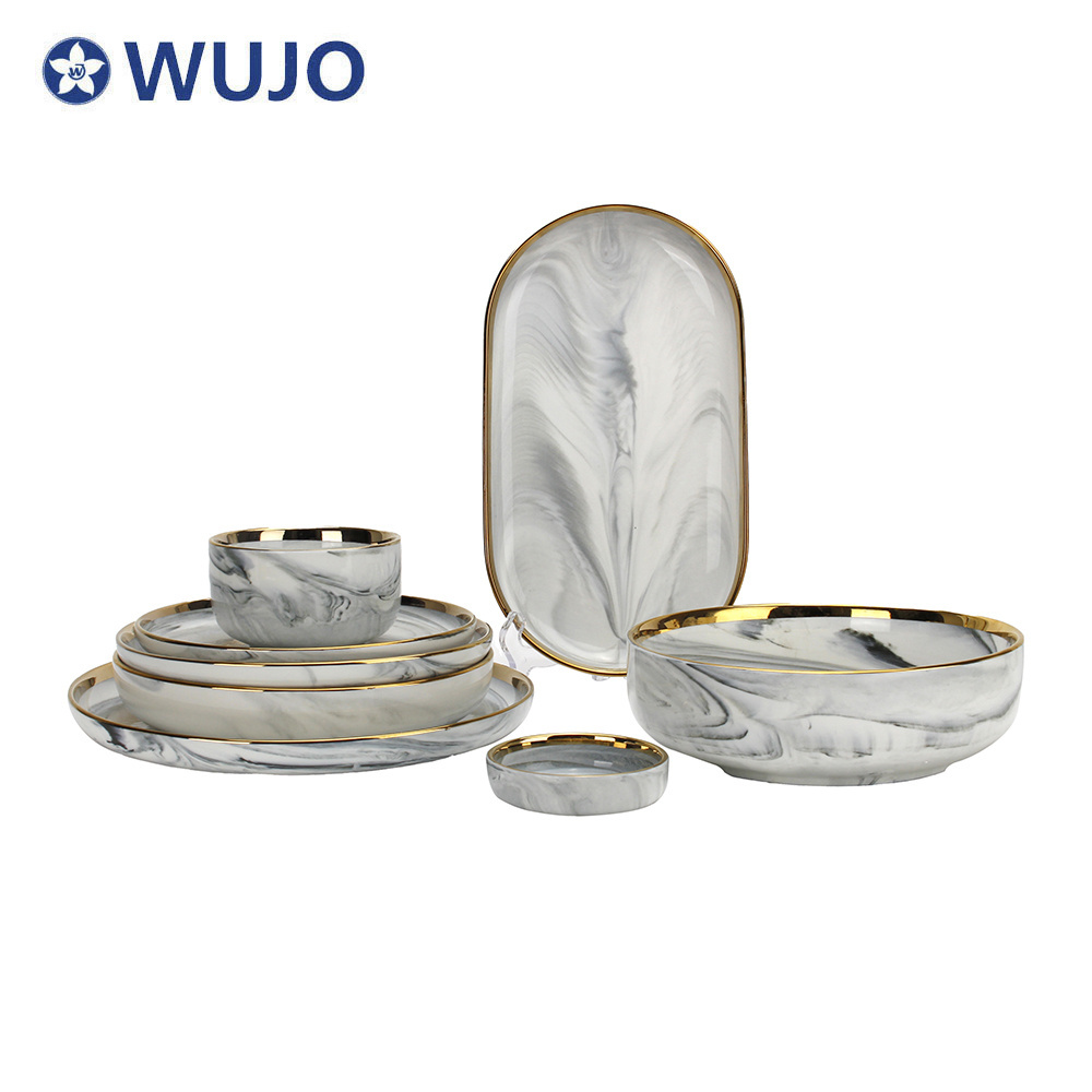 Modern High Quality Marble Design Dinner Set Royal Gold Luxury Porcelain Dinnerware Set