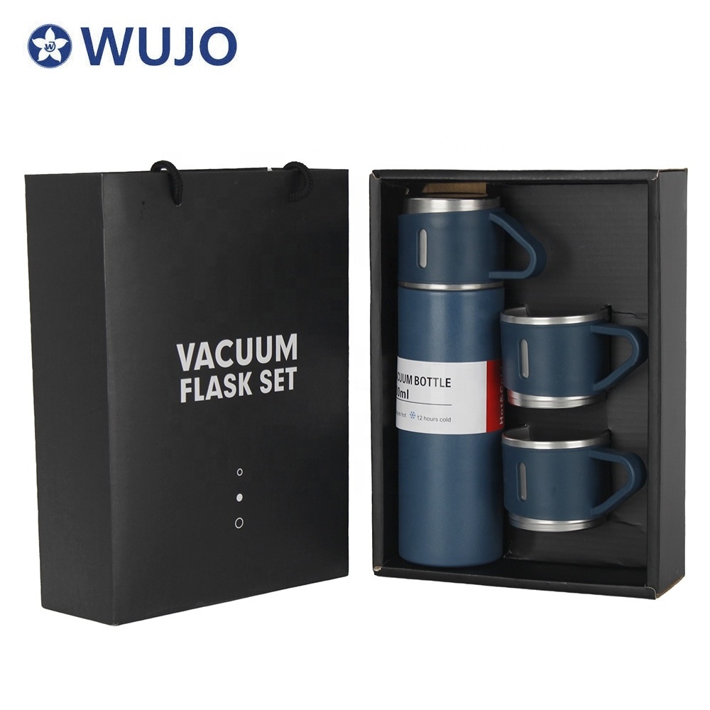 WUJO Manufacturer Custom Logo Double Walled Stainless Steel Insulated Thermos Water Bottle Gift Box Set With 3 Lids For Gift